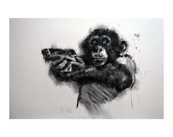 Monkey with  gun original Drawing charcoal painting  illustration one of a kind handmade large art inch 40x28, not a print