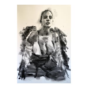 ORIGINAL painting charcoal OOAK, , Drawing, illustration, handmade, woman, fashion, large art inch 40x28, not a print