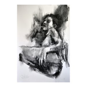 ORIGINAL painting charcoal OOAK, , Drawing, illustration, handmade, woman, fashion, large art inch 40x28, not a print