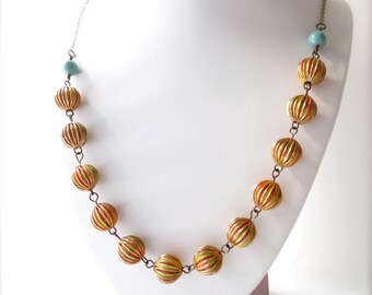 FREE US Shipping: Orange Yellow Striped Beaded Retro Necklace, Turquoise Blue Swarovski Pearl, Painted Metal, Colorful Vintage Inspired