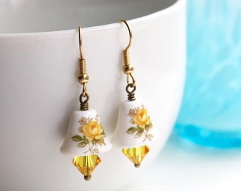 FREE US Shipping: Yellow Rose Vintage Porcelain Glass Bell Dangle Earrings, Crystal Accents, Friendship Flower, Gold Hypoallergenic Steel
