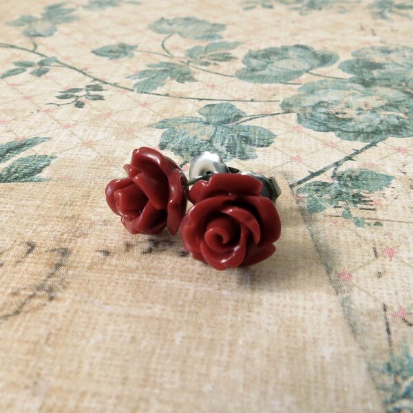 Small Flower Pierced Stud Earrings : burgundy wine / dark red rosebuds, surgical steel posts for sensitive ears