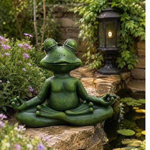 Op de afbeelding: Een groen kikkerbeeld in een zittende meditatiehouding met gesloten ogen en handen rustend op de knieën in een mudra-positie. Het figuur heeft een glad, getextureerd oppervlak en staat op een stenen rand bij een tuinvijver en groen.
