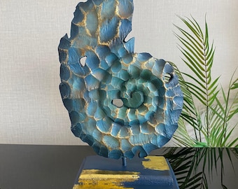 Abstract Nautilus Shell Sculpture, Blue and Gold Coastal Art Decor,Luxury Home Decoration