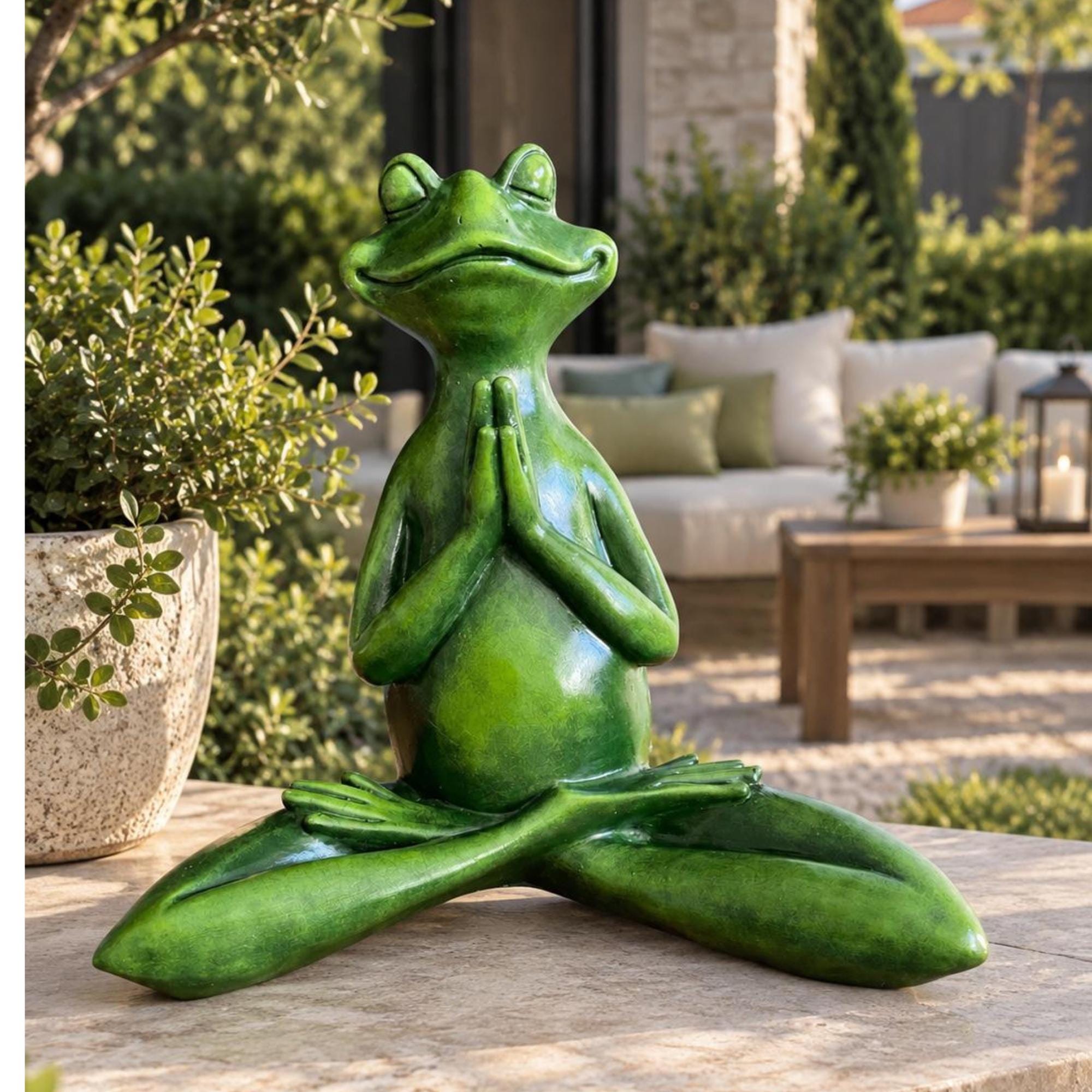 Meditating Frog Statue, Yoga Frog Garden Sculpture, Green Frog
