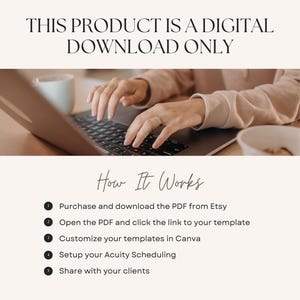 May include: A digital download product with instructions on how to use it. The instructions include purchasing and downloading a PDF from Etsy, opening the PDF and clicking a link to a template, customizing the template in Canva, setting up Acuity Scheduling, and sharing with clients.