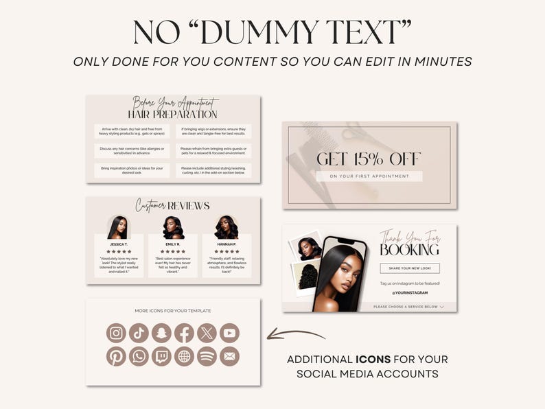 Editable Hairstylist Acuity Scheduling Template Booking Site on Canva in Light Beige Neutrals Branding