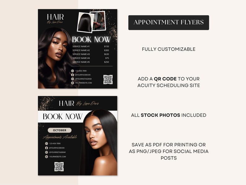Editable Hairstylist Black Appointment Flyers Canva Template