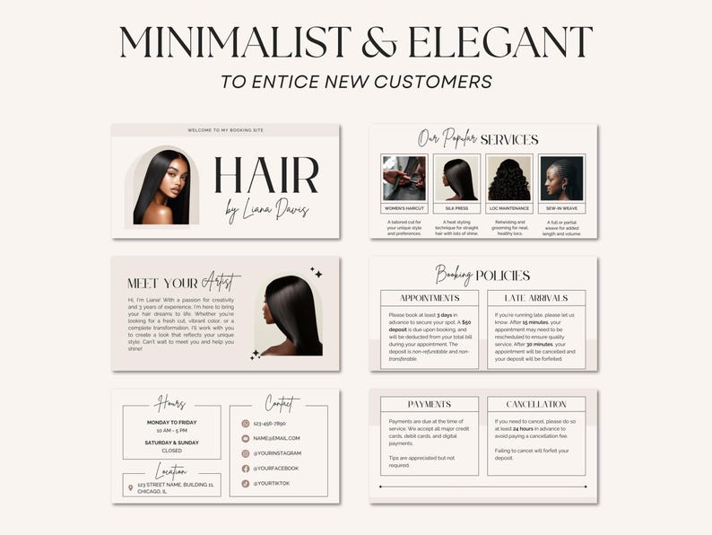 Editable Hairstylist Acuity Scheduling Template Booking Site on Canva in Light Beige Neutrals Branding