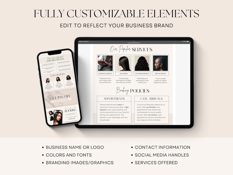 Editable Hairstylist Acuity Scheduling Template Booking Site on Canva in Light Beige Neutrals Branding