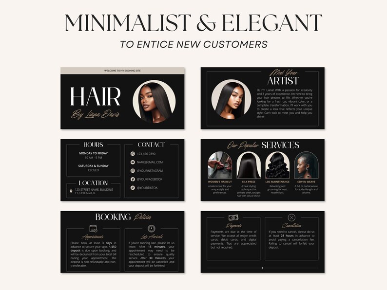 Editable Hairstylist Acuity Scheduling Booking Site Template on Canva in Black Palette