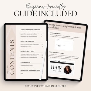 May include: A digital guide with a table of contents for setting up an appointment scheduling system. The guide includes sections on Acuity Scheduling Template, Acuity Integration, Appointment Flyers, Stock Photos, and Frequently Asked Questions. The guide also includes a screenshot of a website with the text "HAIR by [Name]" and a photo of a woman with long dark hair.