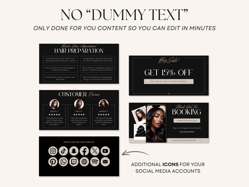 Editable Hairstylist Acuity Scheduling Booking Site Template on Canva in Black Palette