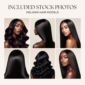 May include: Six stock photos of Black women with different hairstyles, including straight, wavy, and curly hair. The photos are all taken against a light brown background.