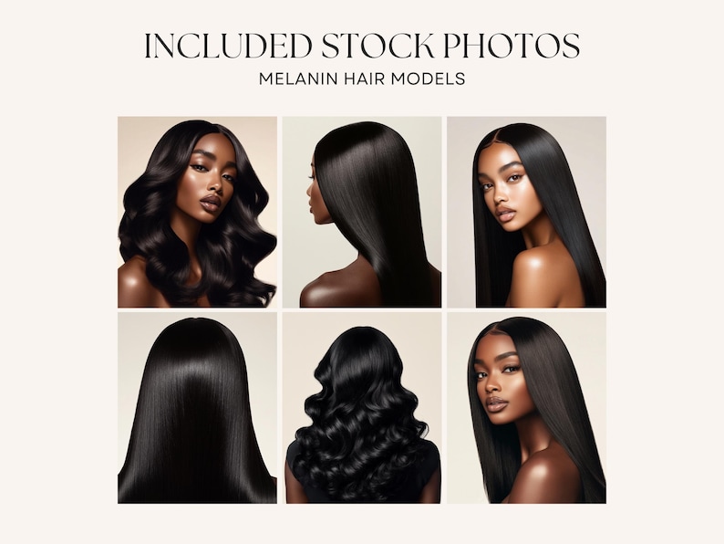 May include: Six stock photos of Black women with different hairstyles, including straight, wavy, and curly hair. The photos are all taken against a light brown background.