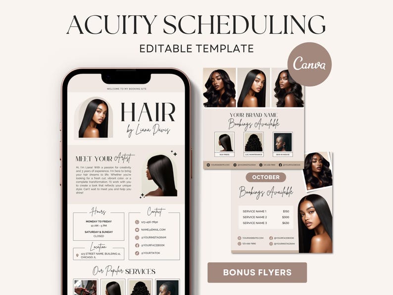 Editable Hairstylist Acuity Scheduling Template Booking Site on Canva in Light Beige Neutrals Branding