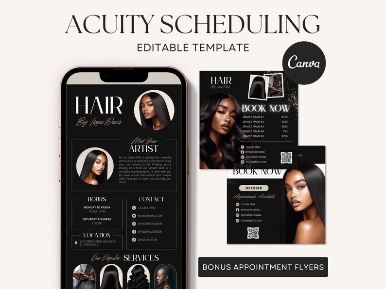Editable Hairstylist Acuity Scheduling Template on Canva in Black Branding Palette
