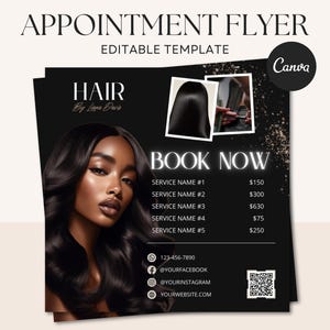 Pode incluir: Um folheto de agendamento preto e dourado para um salão de cabeleireiro chamado "Hair by Live Davis". O folheto apresenta uma foto de uma mulher com cabelo preto comprido e uma lista de preços para vários serviços de cabeleireiro. O folheto também inclui informações de contato e um código QR.