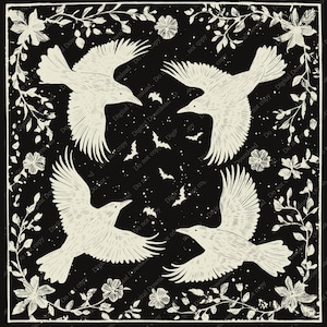 May include: A black and white illustration of four crows flying in a circle against a black background with white floral designs and white bats. The crows are in a circular pattern with their wings spread out.