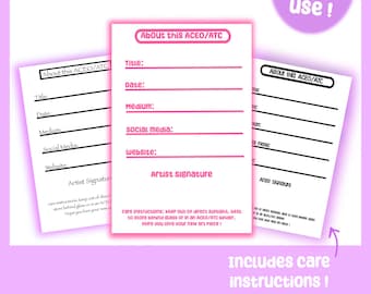 Etichetta adesiva con informazioni sul retro ACEO/ATC, 2 x 3 pollici / Realizzata su ordinazione / Etichetta personalizzata / Forniture artistiche Carte collezionabili per artisti