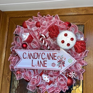 Candy Cane Lane Christmas Wreath – Red & White Deco Mesh Door Wreath – Holiday Front Door Decor –  Christmas Wreath