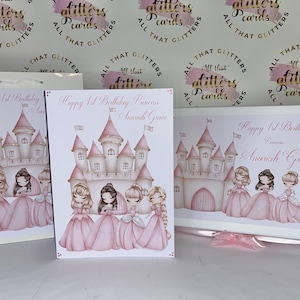 Tarjeta de cumpleaños de princesa personalizada para niñas – Diseño de castillo rosa – Incluye bolsa de regalo, funda y caja de regalo a juego.