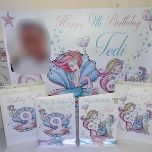 Magische Meerjungfrau Geburtstagskarte & Banner Set - A4 Karte | Meerjungfrau Party Dekor | Passende Geschenktüten verfügbar!