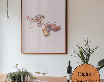 Cheers Wall Art Print, Bar Cart Print or Decor, Retro Kitchen Wall Art, Bar Cart Art, Trendy Wall Art, Drinks Print, Printable Wall Art