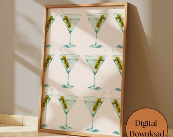 Martini Print Cocktail Retro Poster Alcohol Art Bar Cart Prints Decor Minimalist Wall Art Trendy Martini Glasses Cocktail Digital Download