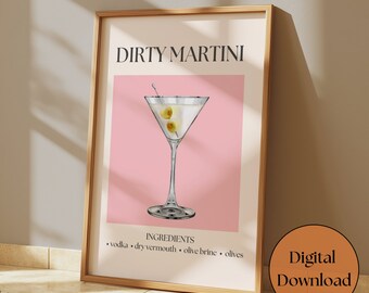 Impresión de arte digital de Dirty Martini, decoración o arte de carrito de bar, póster de arte de cócteles, barra de letreros de alcohol, póster de bebida retro, arte de pared estético de moda