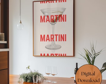 May include: A digital download of a printable poster featuring a martini glass with olives and the word "MARTINI" repeated four times in red text.