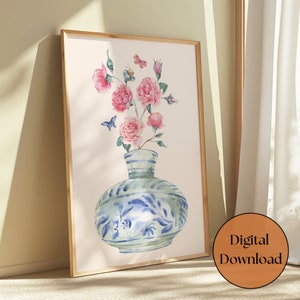 Chinoiserie Print, Preppy Art, Botanical Vase Prints, Chinoiserie Inspired Decor, Blue Chinoiserie Wall Art, Chinoiserie Floral Art Print