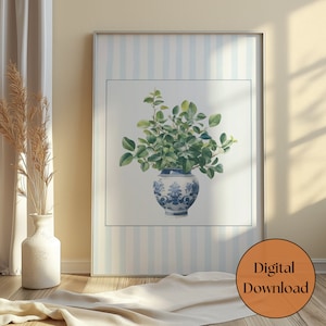 Chinoiserie Print, Preppy Art, Botanical Vase Prints, Chinoiserie Inspired Decor, Blue Chinoiserie Wall Art, Blue and White Vase Art Print