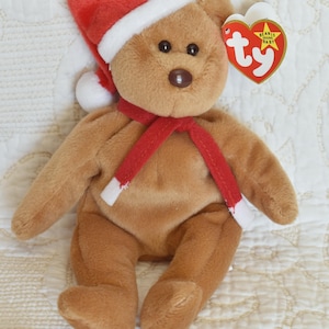 Vintage 1997 Teddy Beanie Baby: Christmas Bear with Scarf & Santa Hat