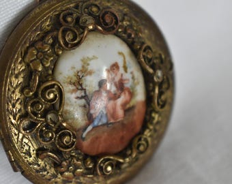 Vintage 1940s - 1960s Victorian Painted Courting Couple on Porcelain and Brass Locket