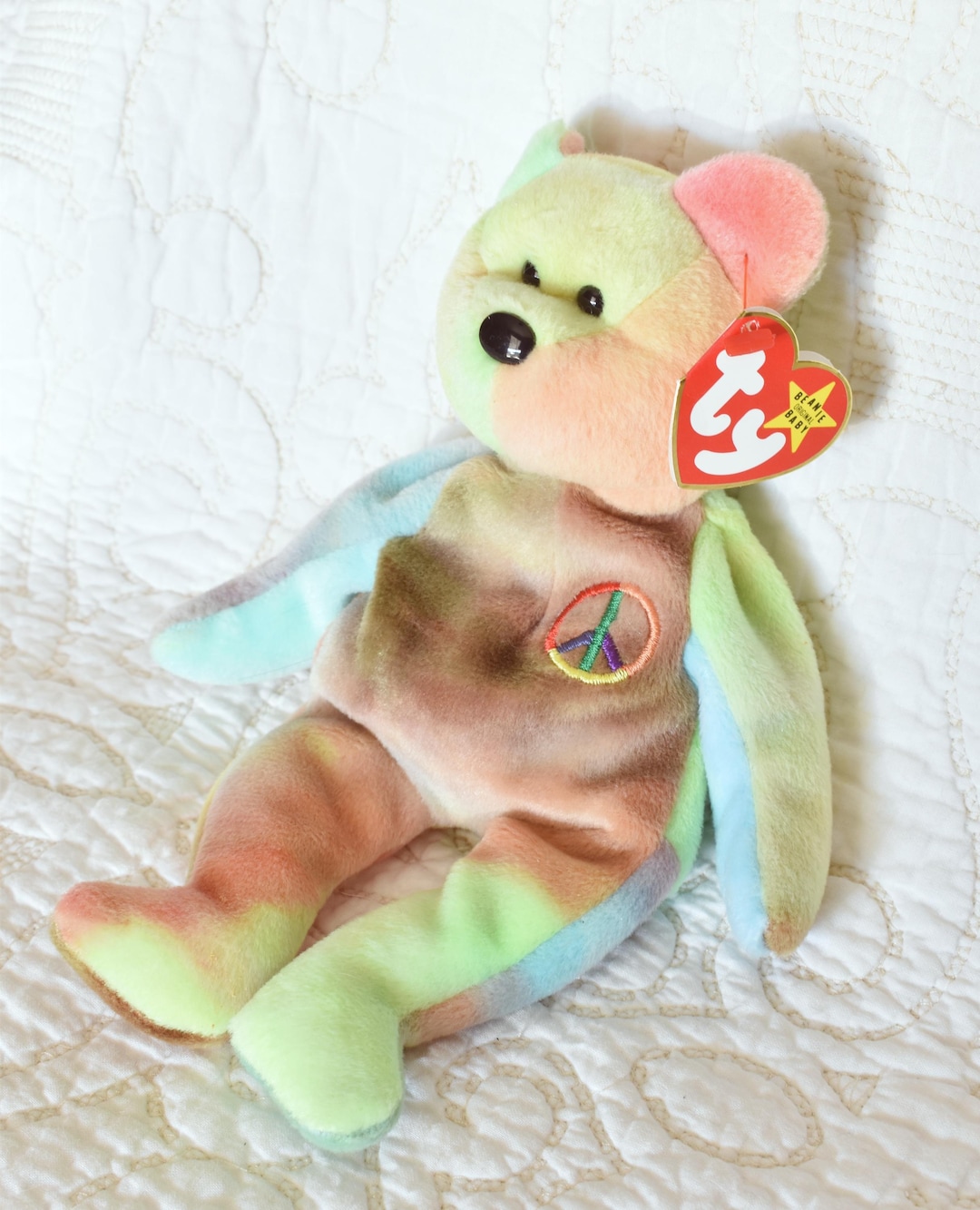 Vintage 1996 Peace Beanie Baby, Tie-dye Teddy Bear With Peace Symbol ...