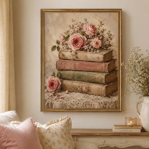 Vintage Floral Book Stack Print, Cottagecore Wall Art, Pink Rose Painting, Grandmillennial Decor, Antique Books Artwork, Printable Wall Art
