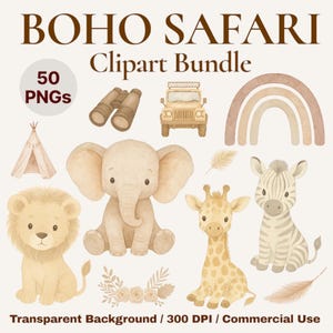 Boho Safari Clipart PNG Bundle – Neutral Watercolor Jungle Animals, Baby Shower Decor, Nursery Art, Kids Birthday Party Graphics