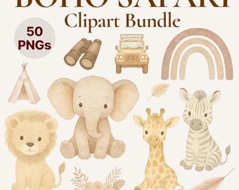 Clipart acquerello di animali da safari boho - Decorazione neutra per la cameretta dei bambini (pacchetto PNG)