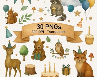 Watercolor Woodland Animals Birthday Clipart PNG Bundle (Digital Download)