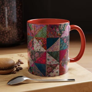 Caneca de café ou chá com estampa vintage de colcha de retalhos, utensílio de cerâmica para bebidas, caneca com inspiração retrô, decoração de cozinha, presente para quem faz patchwork.