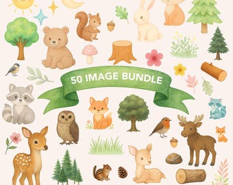 Watercolor Woodland PNG Bundle – 50 Images | Transparent Background | 300 DPI | Commercial Use