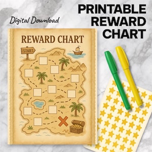 May include: A printable reward chart with a treasure map design. The chart features a path with squares for stickers, palm trees, and a treasure chest. The words "Reward Chart" and "Digital Download" are visible. Two markers and a sheet of star stickers are also included.