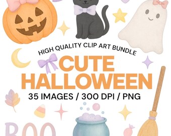 Clipart di Halloween in colori pastello / Fantasmi, pipistrelli, zucche ad acquerello (download digitale)