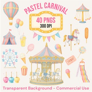 Pastel Carnival Clipart Bundle | 40 PNGs | Watercolor Carnival Rides, Food & Decor | 300 DPI Transparent Background | Commercial Use