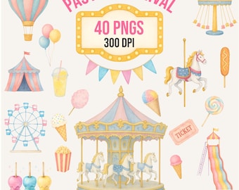 Pastel Carnival Clipart Bundle: Watercolor Rides, Food & Decor (40 PNGs, Commercial Use)
