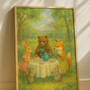 Whimsical Animal Tea Party Rolled Poster, Cute Art Print, Nursery Decor, Kids Room Wall Art, Baby Shower Gift, Children&#39;s Illustration