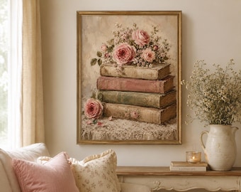 Peut inclure: Une impression d'art encadrée représentant une pile de quatre livres anciens posés sur une surface recouverte de dentelle. Un bouquet de roses roses et de petites fleurs blanches repose sur les livres, avec une rose rose supplémentaire à côté.