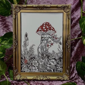 Mushroom babe art print fungi art drawing illustration mushroom lady person nature Cottagecore fairycore goblincore decor