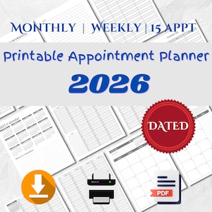 Agenda appuntamenti stampabile 2026 / Planner mensile e settimanale scaricabile in formato digitale per manicure, salone e acconciatura - Intervalli di 15 minuti